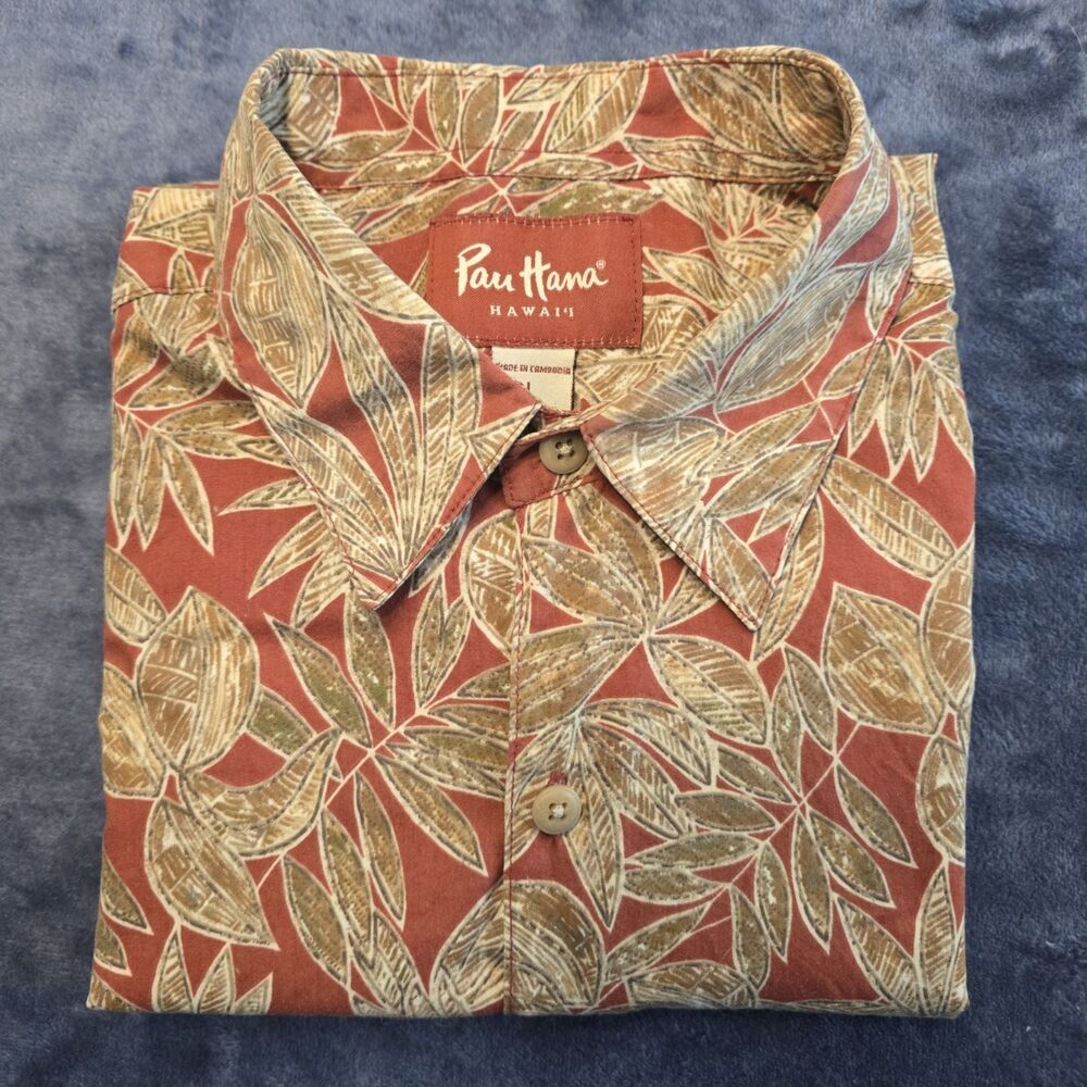 Pau Hana Hawai'i‎ Men's Short Sleeve Shirt Size L – Terracotta Island Print RTD